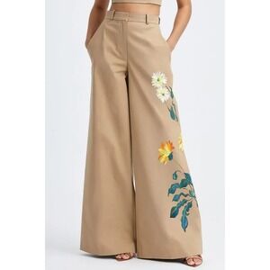 NWT Micas Womens Floral Wide Leg Trousers Khaki XL Pockets Artsy Boho Resort